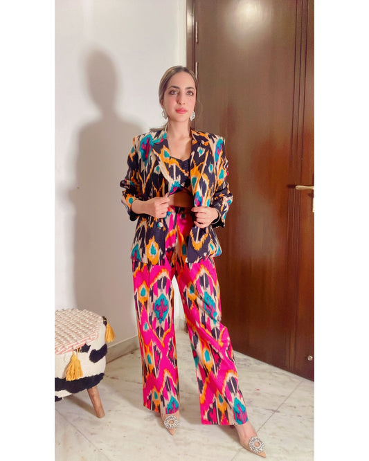 Ikat blazer pants& crop top set