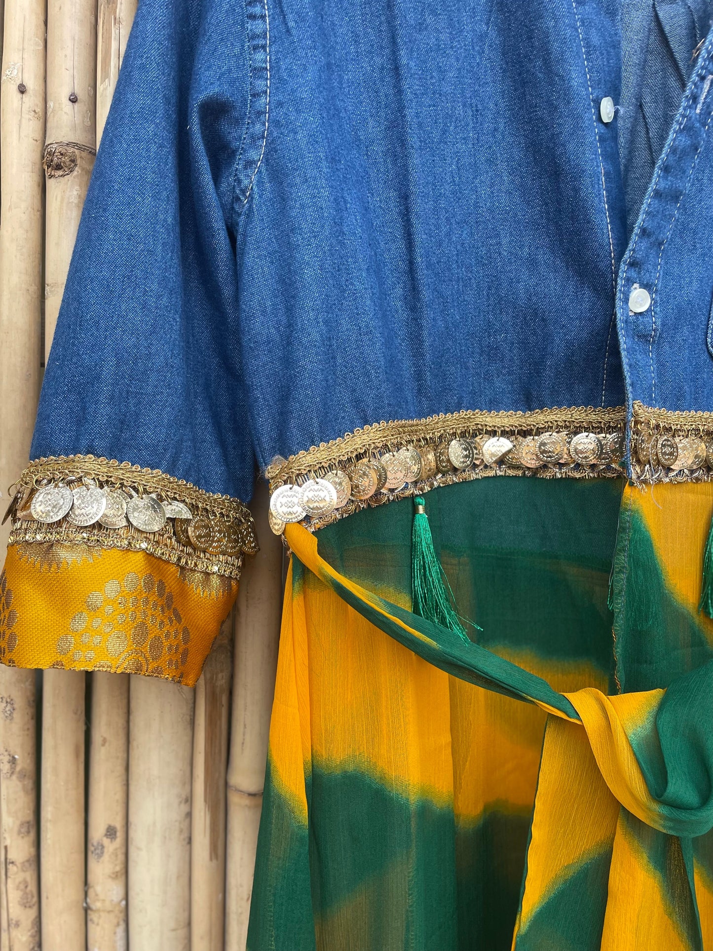 Denim & leheriya shrug ( green yellow)