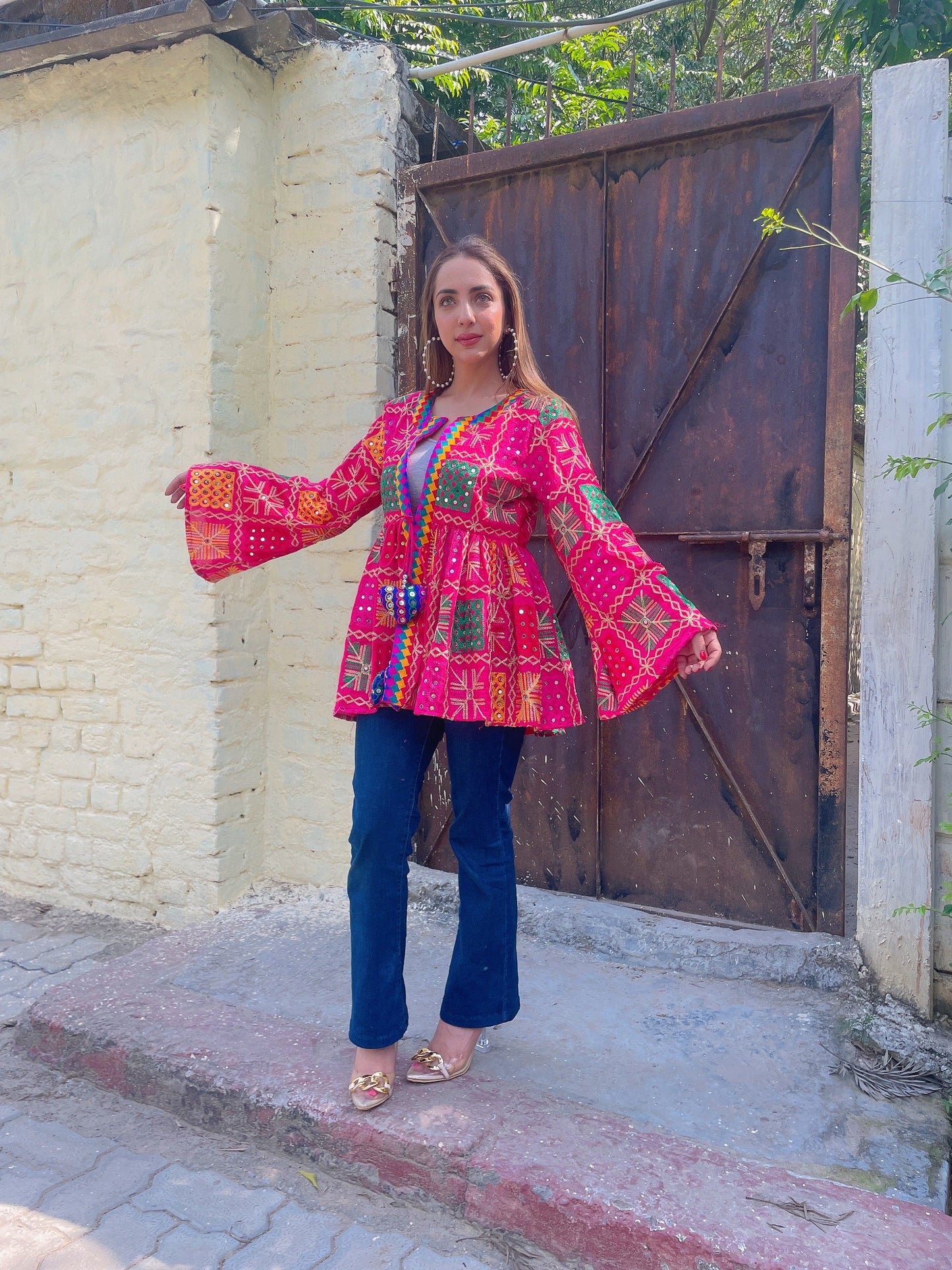 Phulkari peplum top - pink