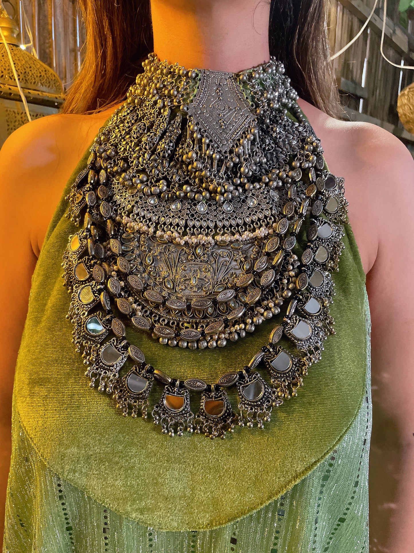 Necklace Attached Dress & Shrug- Green Shimmer