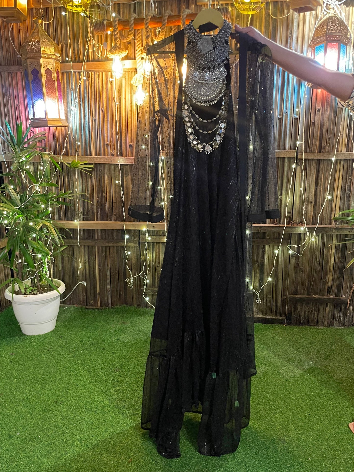 Necklace Attached Dress & Shrug- Black Shimmer