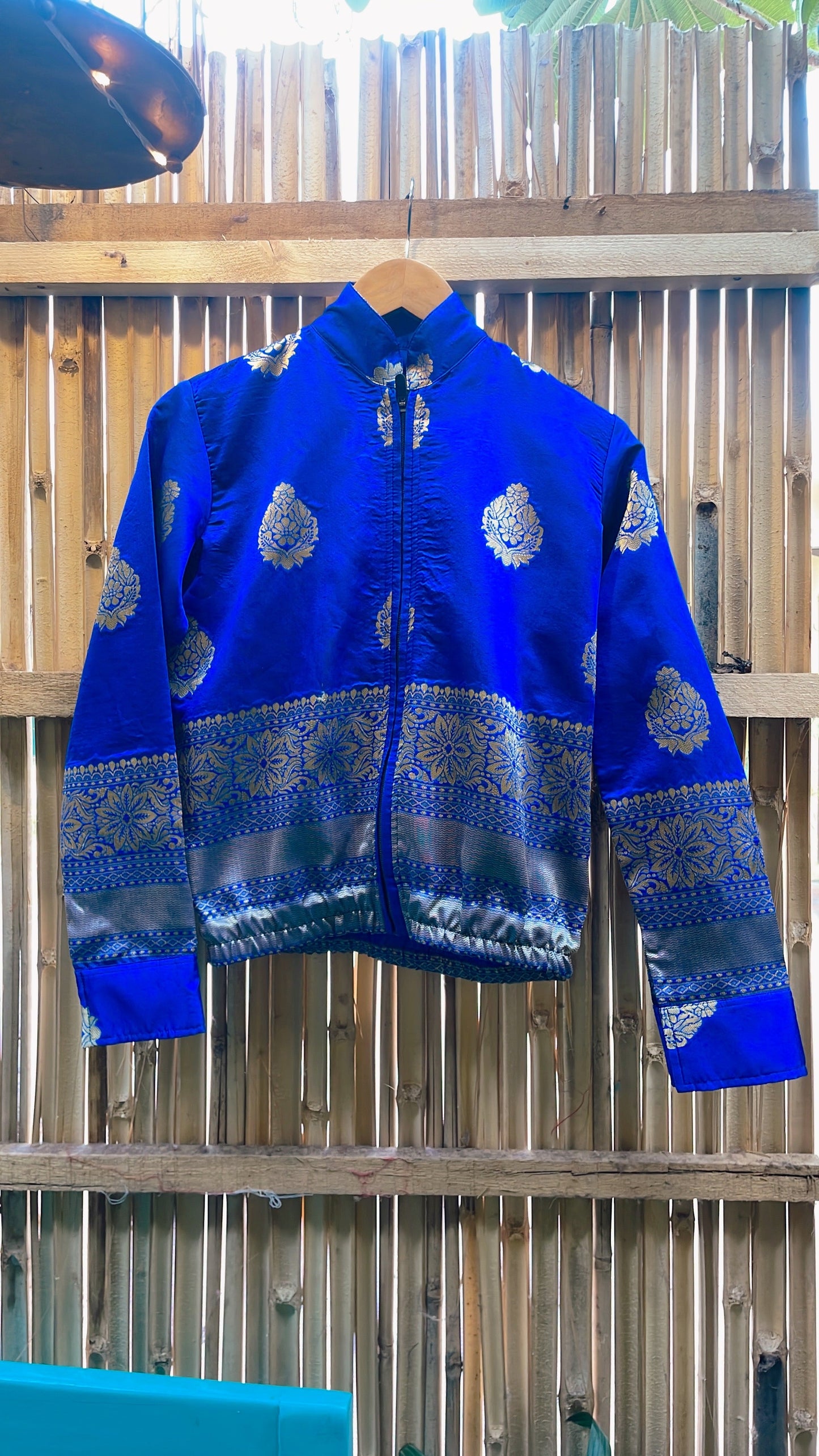 Blue silk bomber jacket