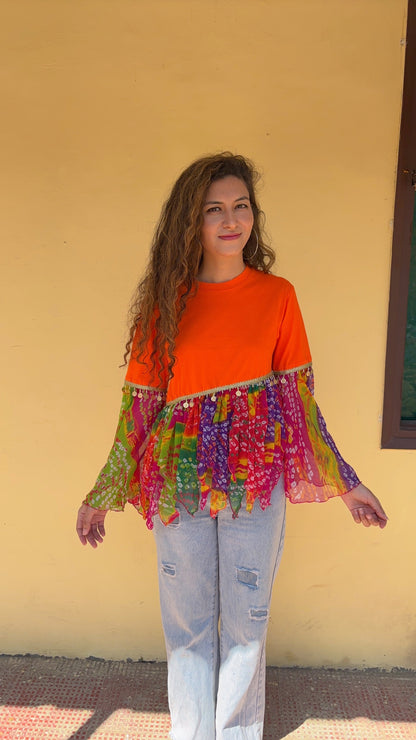 Saffron bandhini flare tee