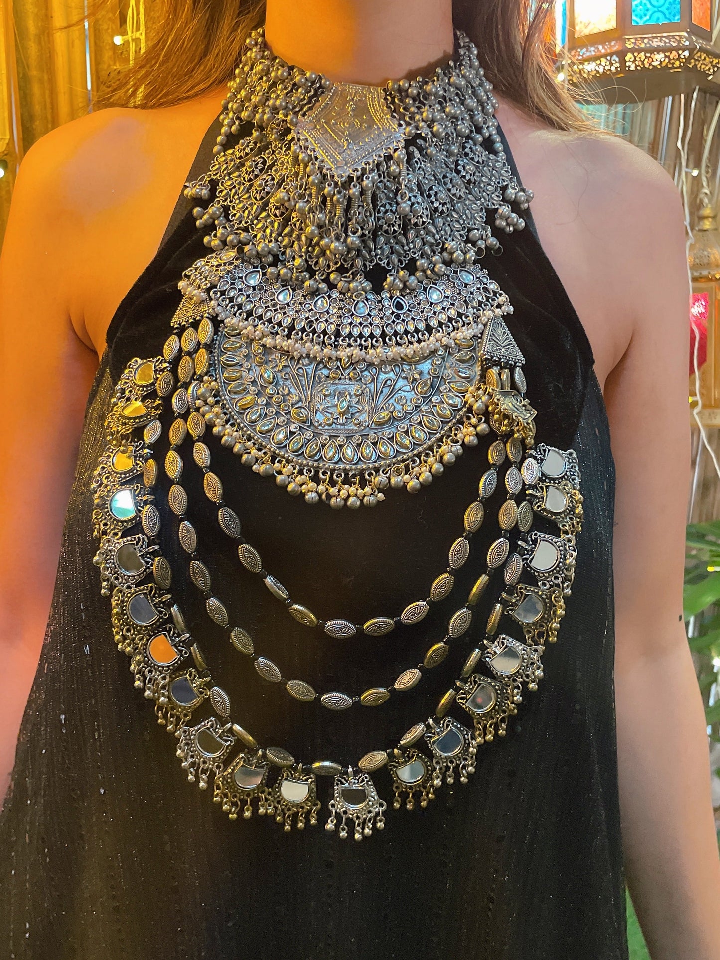 Necklace Attached Dress & Shrug- Black Shimmer