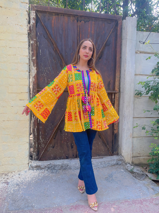 Phulkari peplum top - yellow