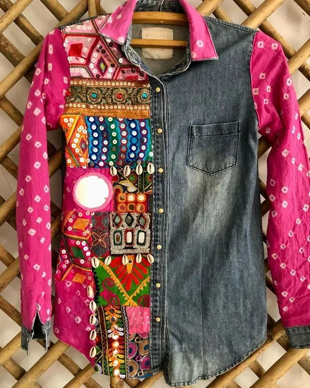 Pink Half and half embellished denim shirt