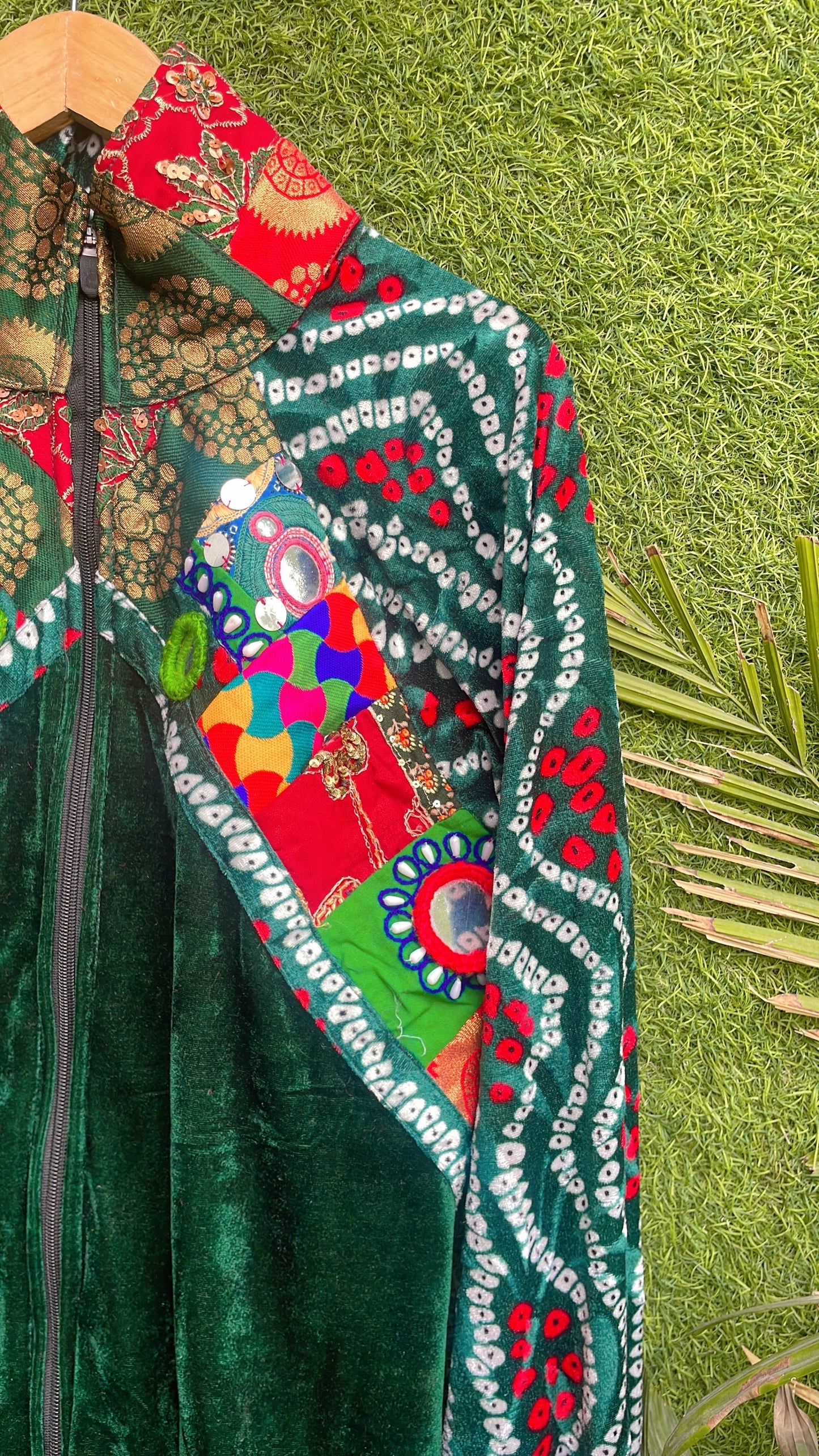 Banjara velvet hoodie green & red