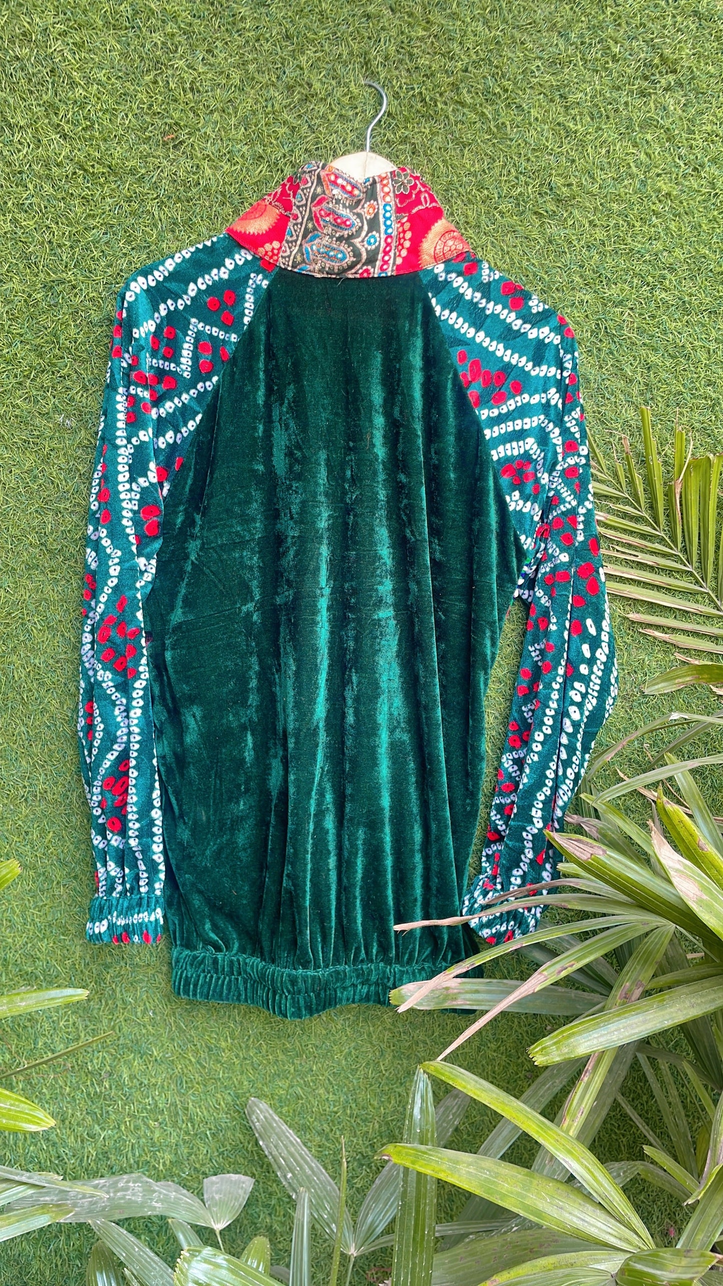 Banjara velvet hoodie green & red