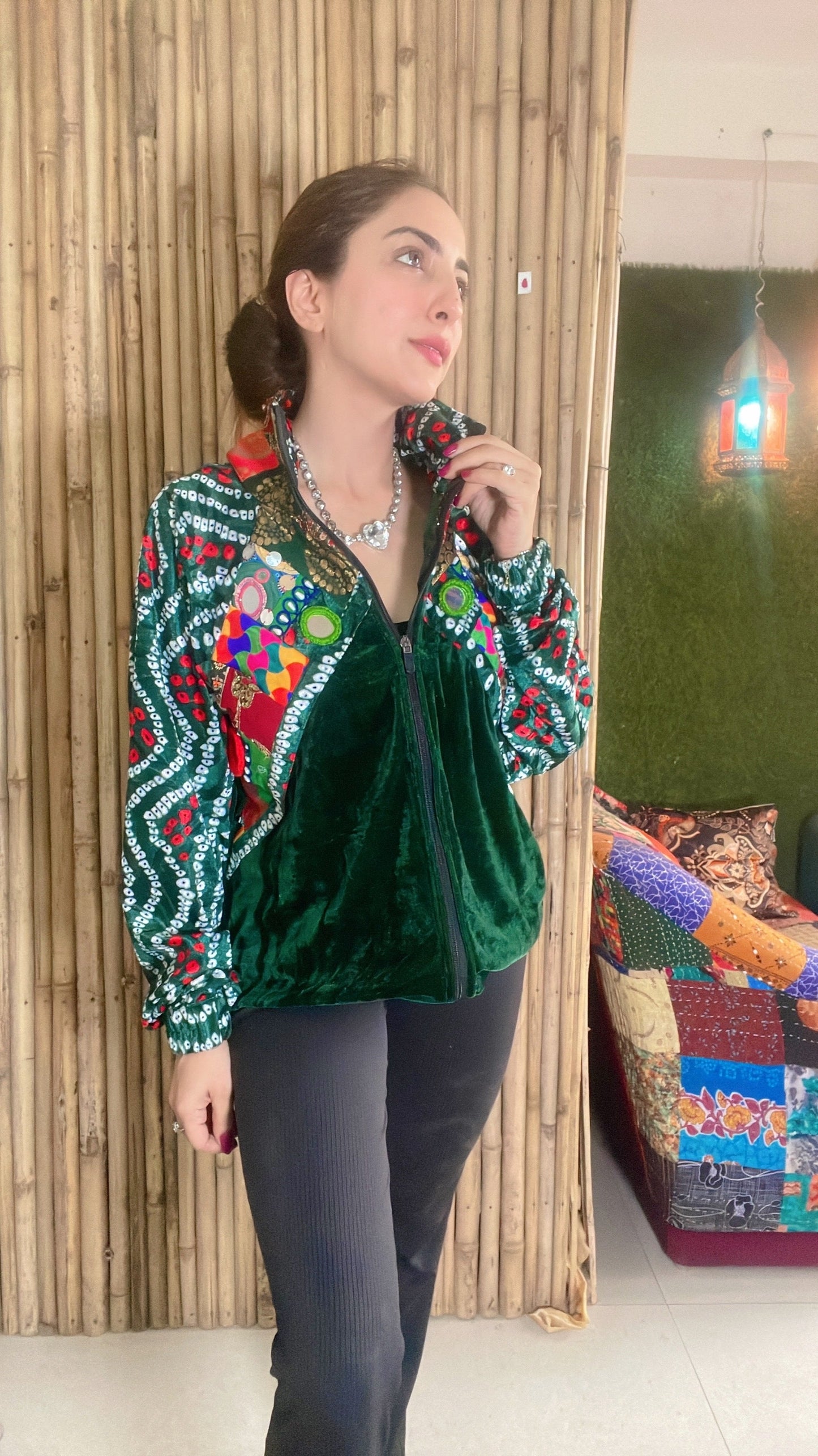 Banjara velvet hoodie green & red