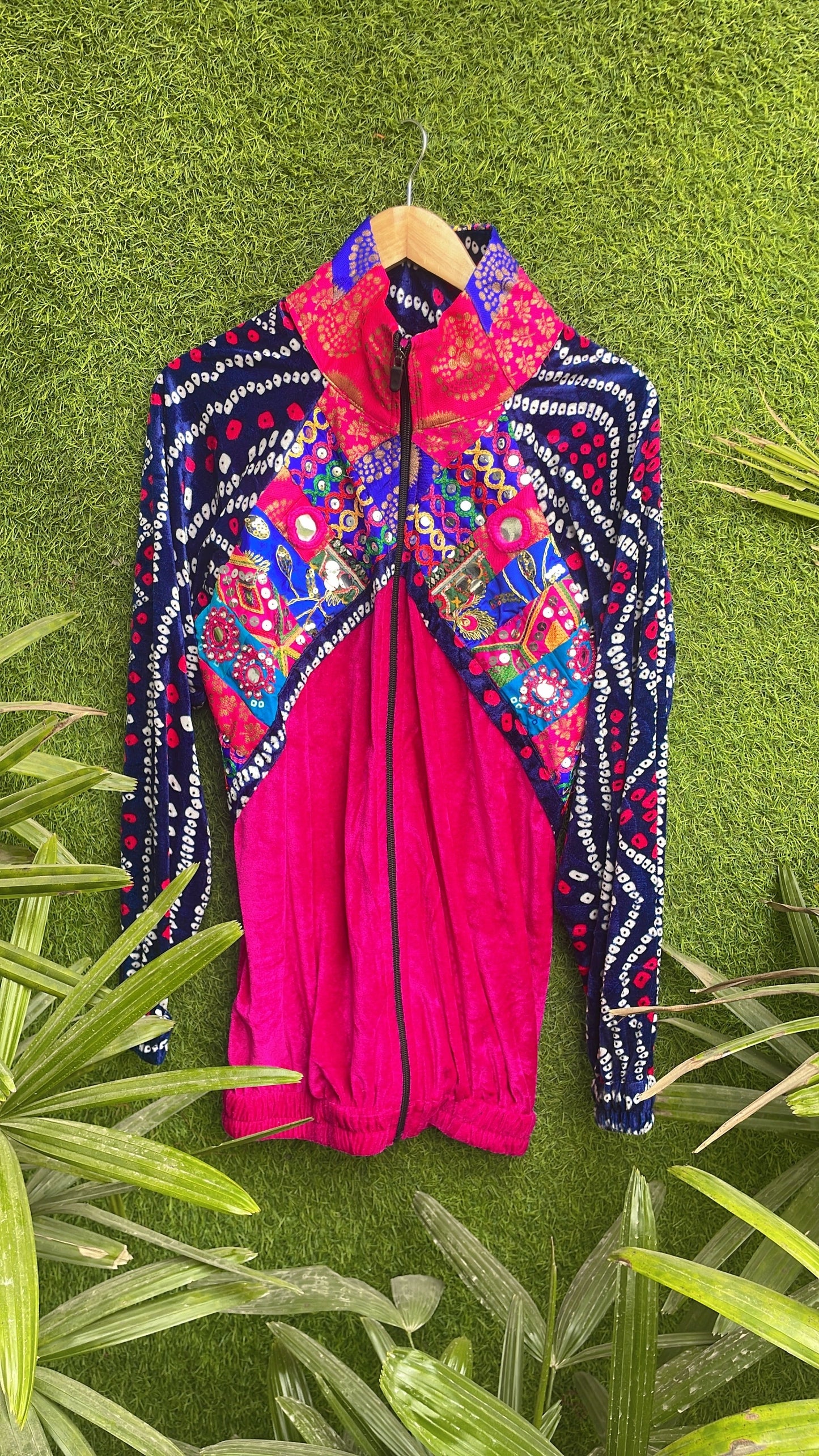 Banjara velvet hoodie blue & pink