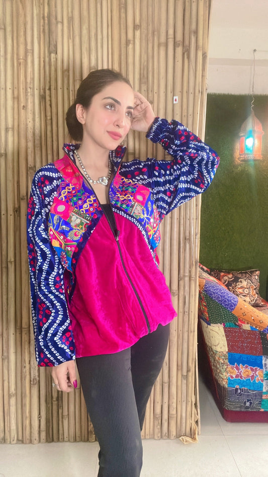 Banjara velvet hoodie blue & pink