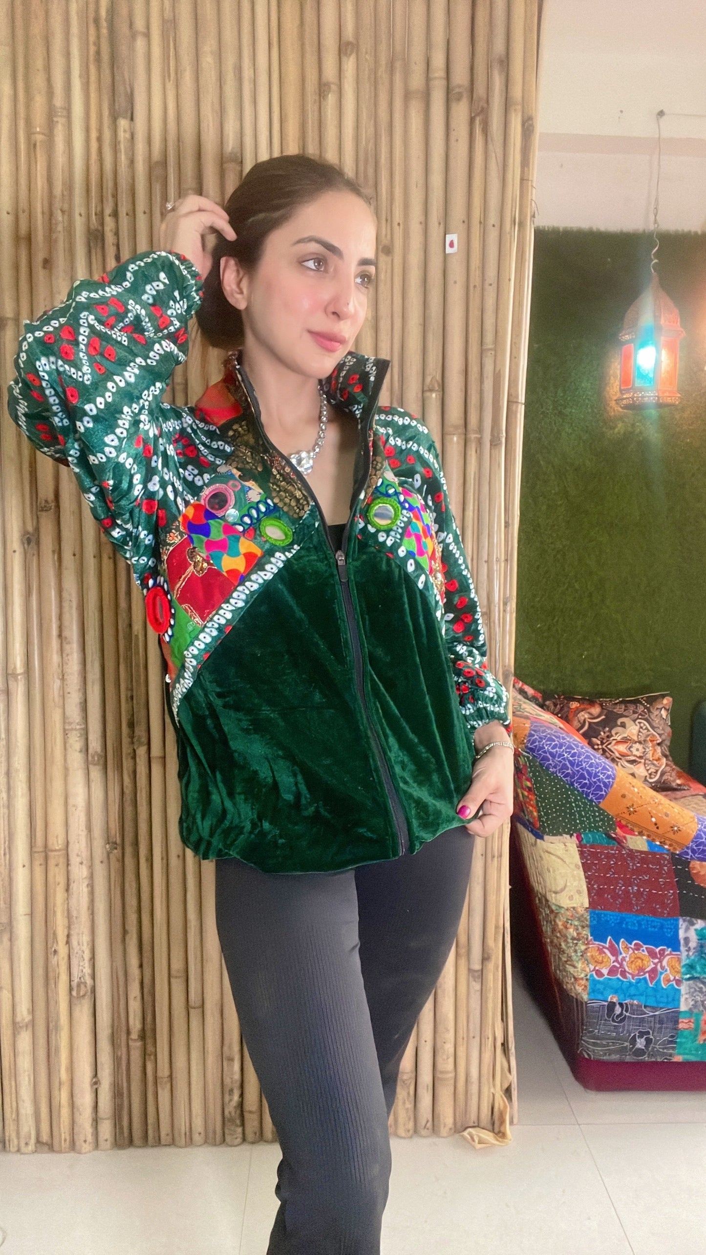 Banjara velvet hoodie green & red