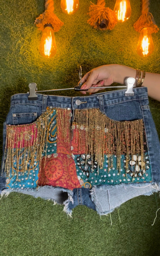 Mystic Sands Rhinestone Chain Patchwork Shorts