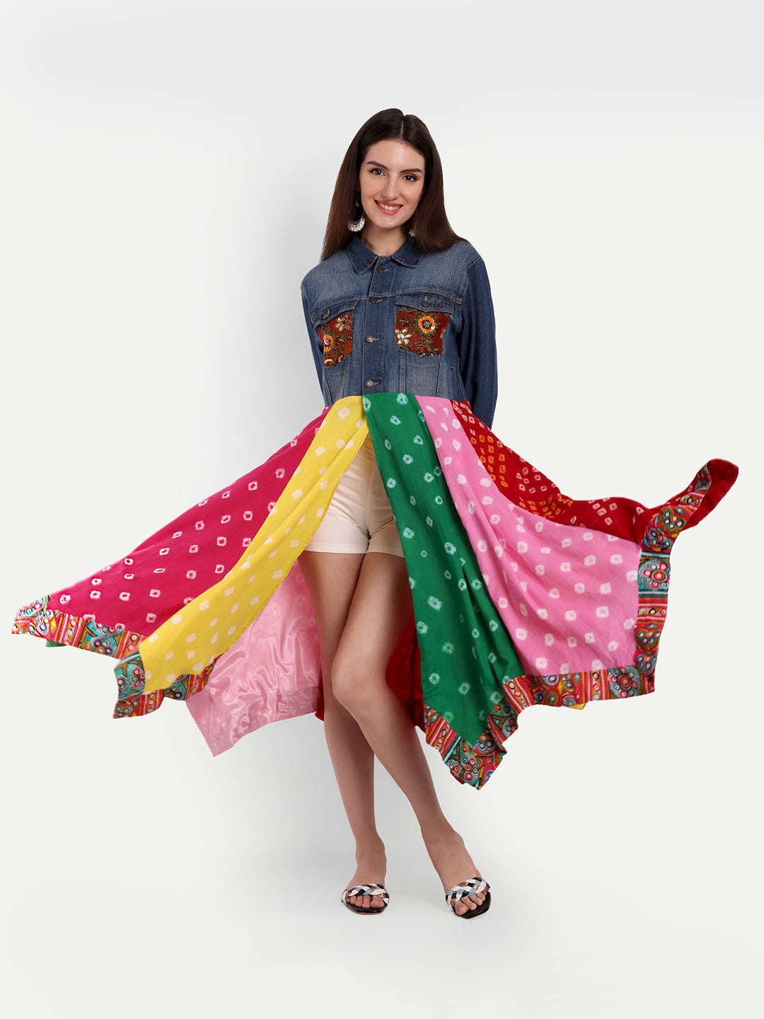 Multicoloured bandhani denim jacket