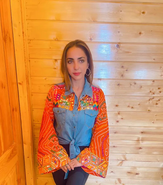 Orange bandhini tie knot denim shirt