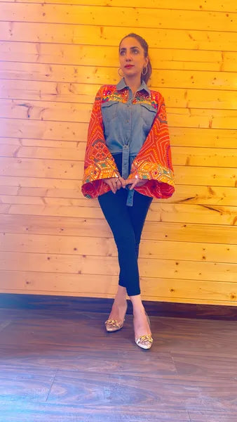 Orange bandhini tie knot denim shirt