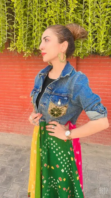 Multicoloured bandhani denim jacket