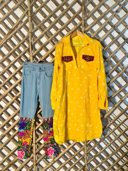 Floral jeans and bandhani kurta set
