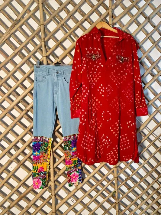 Floral jeans and bandhani kurta set