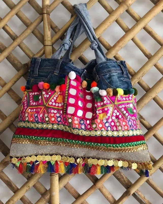 Pom pom denim tote bag