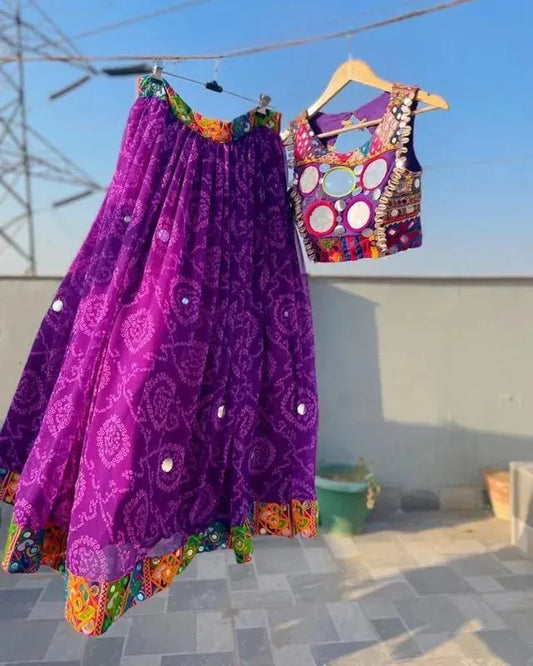 Purple bandhani blouse and skirt set